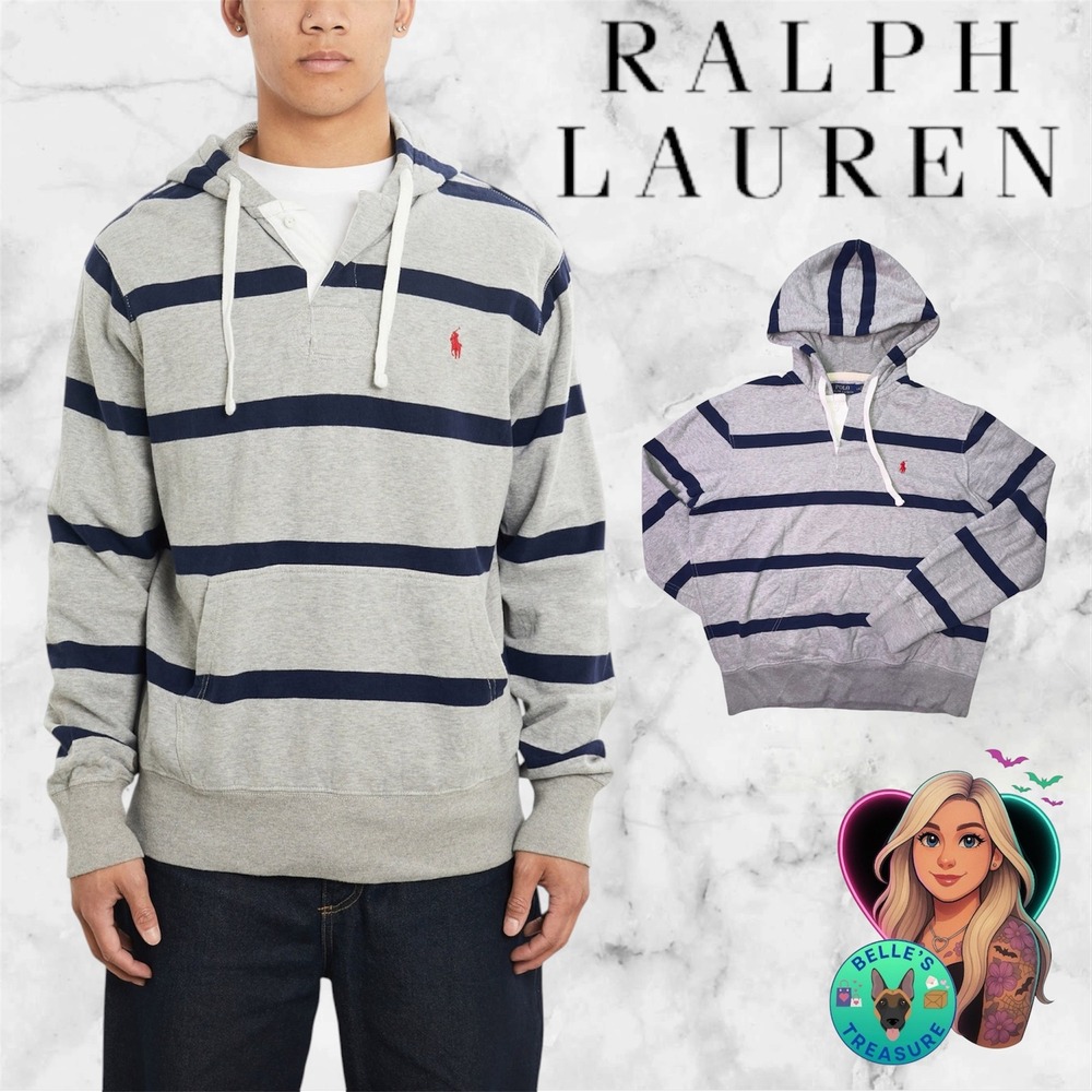 Polo Ralph Lauren Mens Large Grey Navy Striped Rugby Hoodie Fleece Pullover